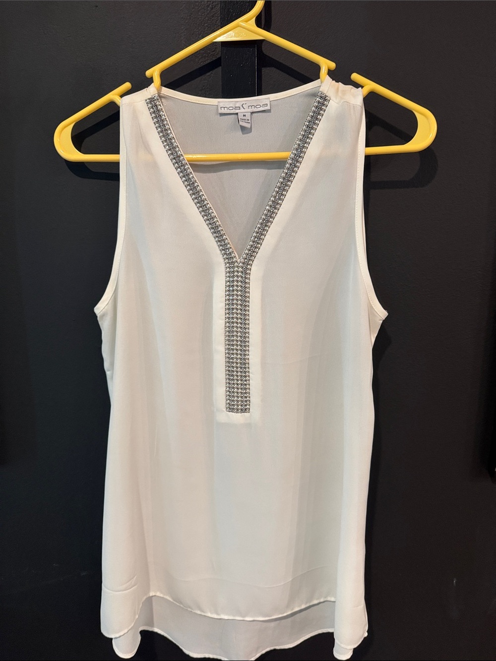 Moa Moa White Sleeveless V-Neck Blouse with Silver Beaded Trim